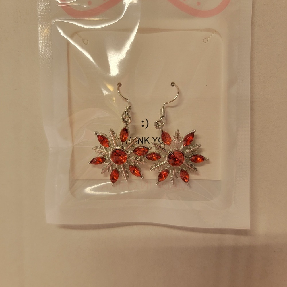 Red Snowflake Silvertone Christmas Holiday Dangle Earrings